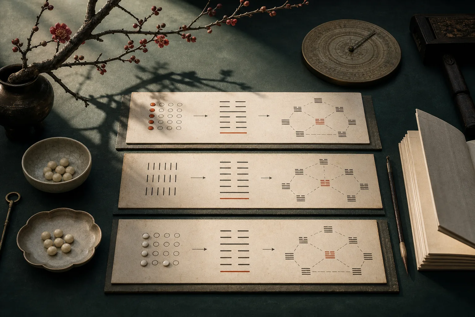 梅枝、环境物象、数筹与本卦互卦变卦关系构成的艺术化研究意象;不把“观梅占”当作已证历史事件,不以邵雍肖像暗示亲撰定论。